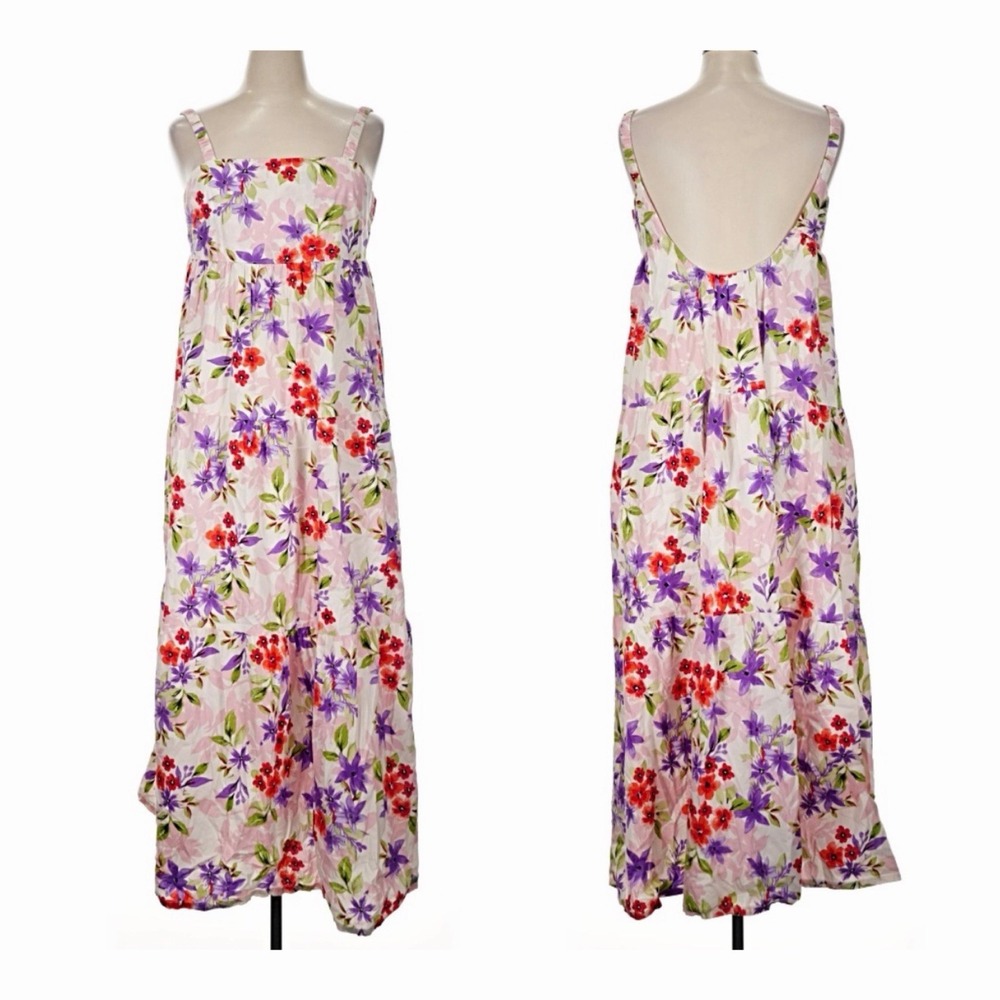 LOUNA Lavender Floral Maxi Dress XL Low Back Tiered Full Skirt 57" Tall Garden